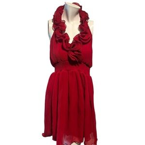 Y2K Red pleated halter-neck dress with ruffled detailing ❤️